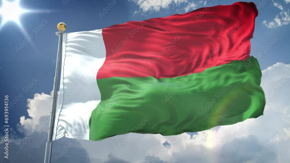 Madagascar animated flag in the wind with blue sky