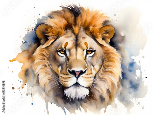 Watercolor lion's face in close-up portrait. It is a symbol of power and royalty. Isolated white background