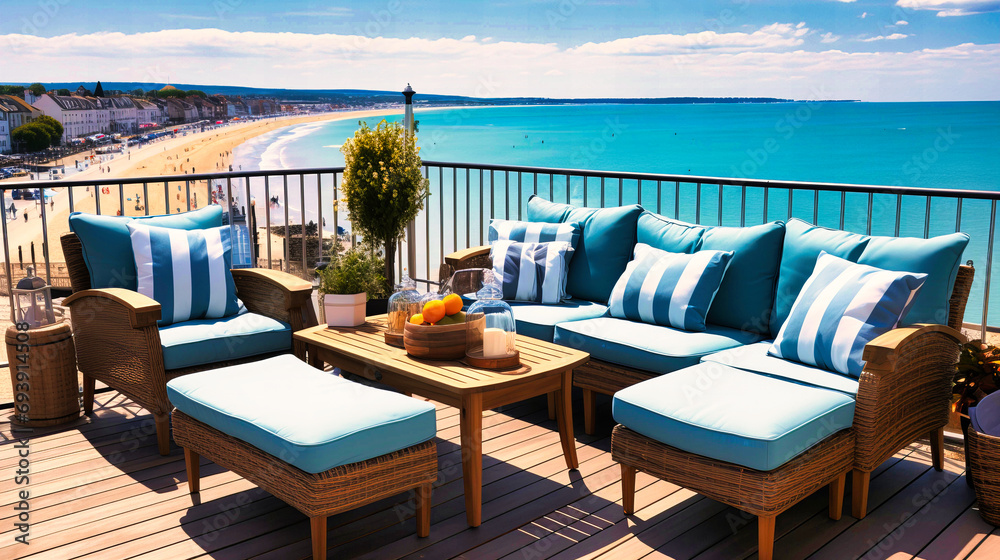 Modern Balcony with Turquoise Accents, Wicker Furniture, and Striped Cushions, Ocean Breeze
