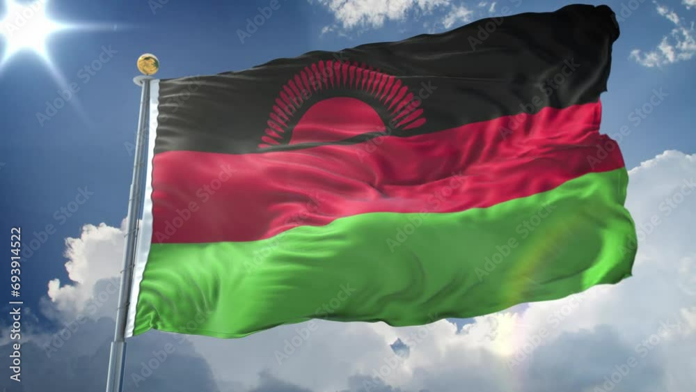 Malawi animated flag in the wind with blue sky