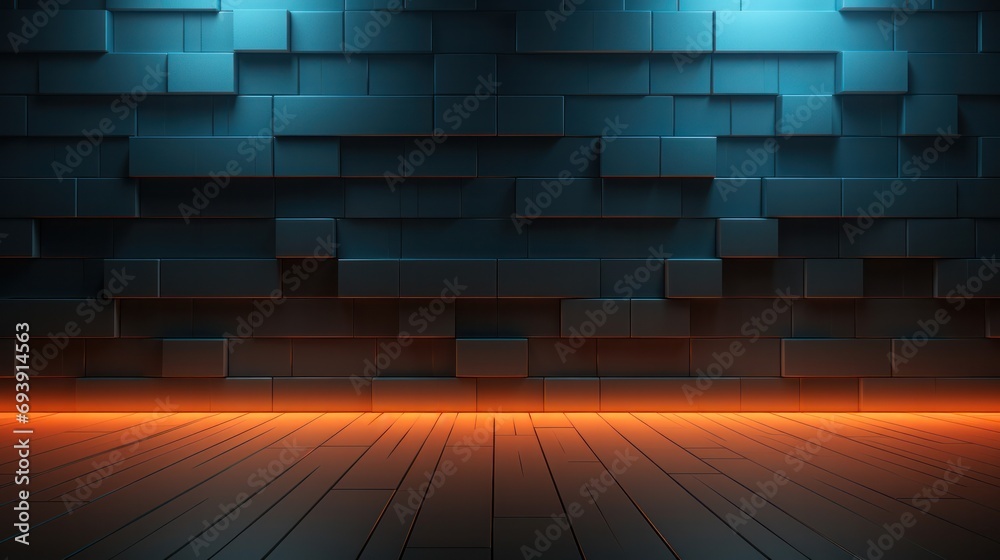 Blue empty wall and wooden floor with interesting light glare. Interior background for the presentation - obrazy, fototapety, plakaty 