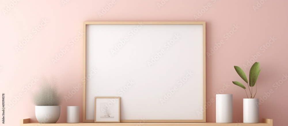 Beautiful background pink wall and frame with a plant mock up for your presentation Beautiful background pink wall and frame with a plant mock up for your presentation
