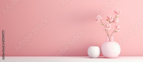 Elegant mock up for product presentation. Interior with with a beautiful framed pink abstract poster and vases with a plant against a Pastel Color wall