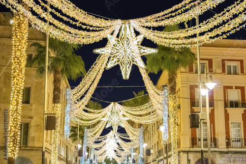 Christmas decoration in center of Huelva city, Andalusia, Spain, with selective focus in the nearest star