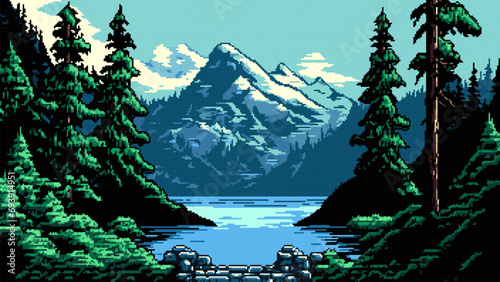 Mountain lake. AI generated pixel game landscape