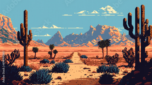 Desert road wild west landscape, AI generated 8bit