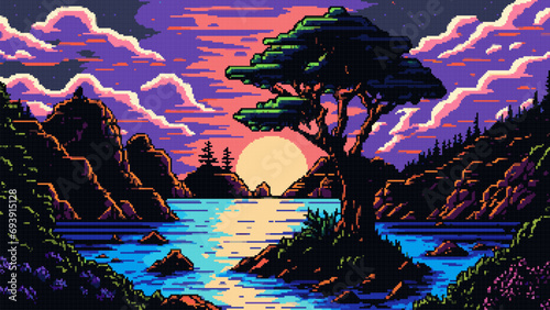 Lake sunset landscape. AI generated pixel scene