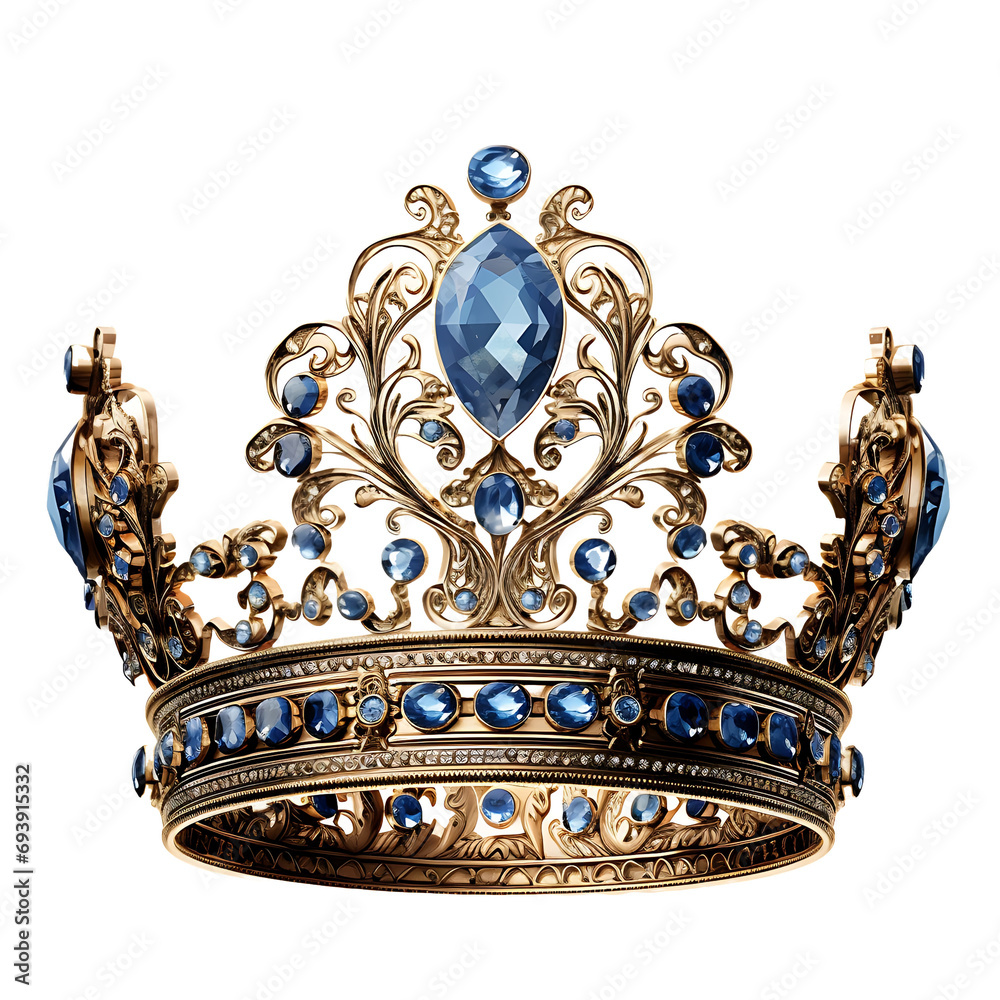 Illustrate the antique gold Sapphire picture crown with a transparent background