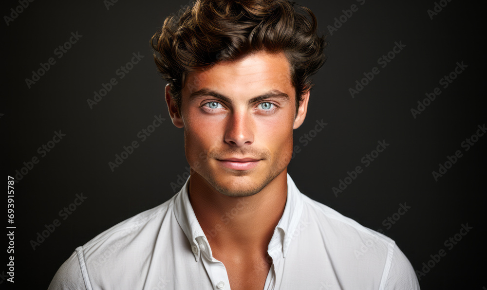 Confident young male model with captivating blue eyes and styled hair wearing a crisp white shirt, posing against a dark grey background