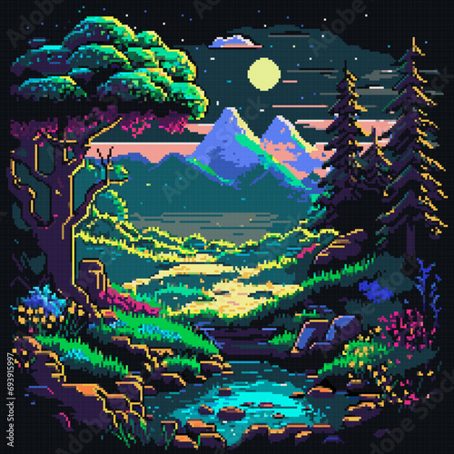 Midnight landscape, ai 8bit pixel game scene
