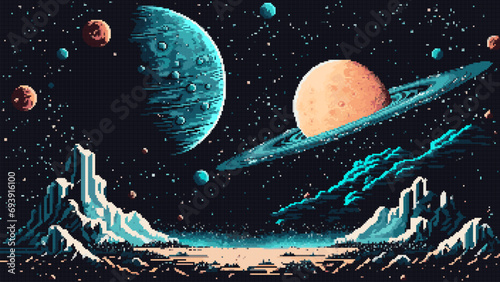 Space landscape AI generated 8bit pixel game scene