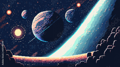 Space galaxy landscape, ai 8bit pixel game scene