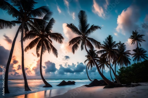 Beautiful tropical sunset with silhouettes of palm trees over the beach Ideal for summertime travel and getaway