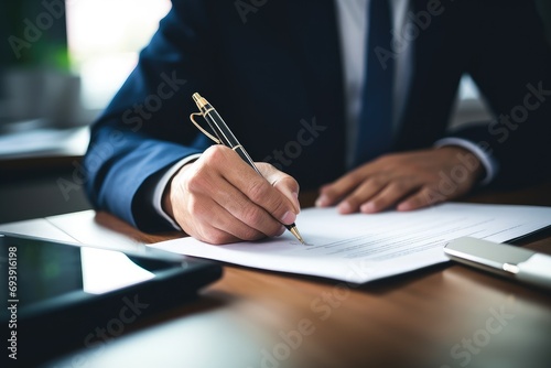 A businessman signing a contract with a client.