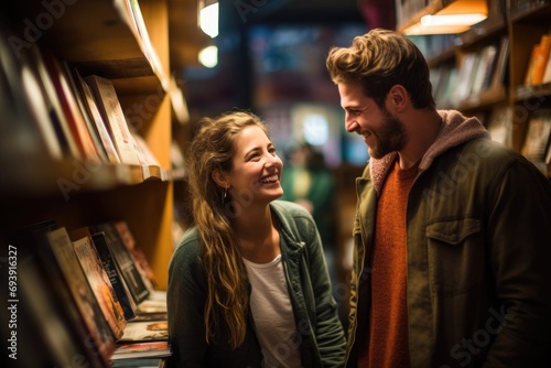 A couple in a bookstore, exploring shelves and discussing their favorite books. photo