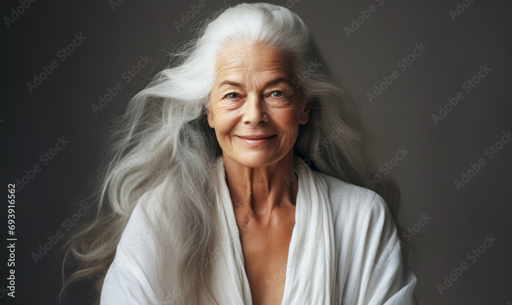 Radiant elderly woman with long white hair, warm smile, and crossed arms wearing a white robe, exuding elegance and wisdom against a grey backdrop Radiant elderly woman with long white hair, warm smile, and crossed arms wearing a white robe, exuding elegance and wisdom against a grey backdrop