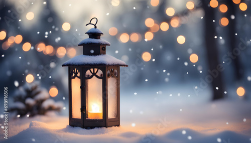 Christmas Lantern in Snow - Winter Forest Background with Christmas Lights © PhotoPhreak