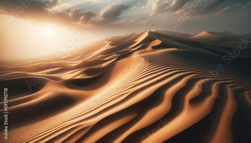Desert landscape at sunset with waves of dunes stretching into the horizon. Infinity concept. Generative AI © Who is Danny