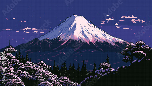 AI generated Japanese Fuji mountain in 8bit pixel