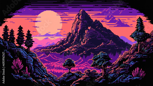 Night mountains AI generated 8bit game landscape photo