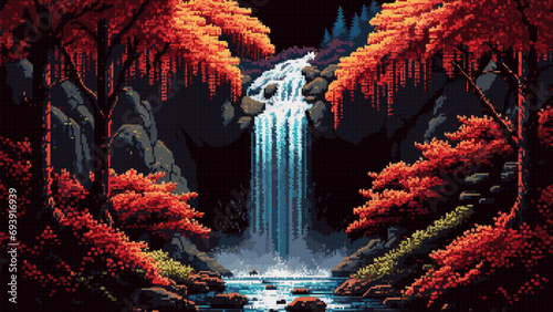 Waterfall cascade in autumn forest ai landscape