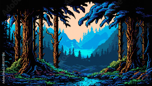 Forest and mountain AI generated pixel landscape photo
