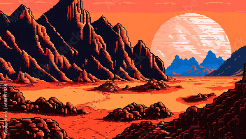 AI generated mars planet mountains in 8bit pixel