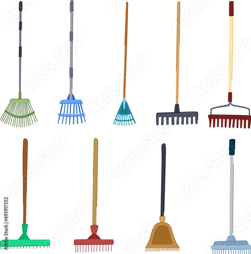 rake set cartoon. tool spade, yard broom, fork grass rake sign. isolated symbol vector illustration