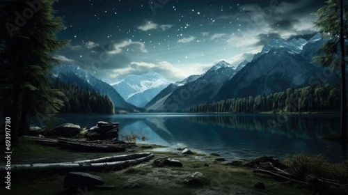 Moonlit Majesty  Mountain Landscape with Lake and Forest at Night
