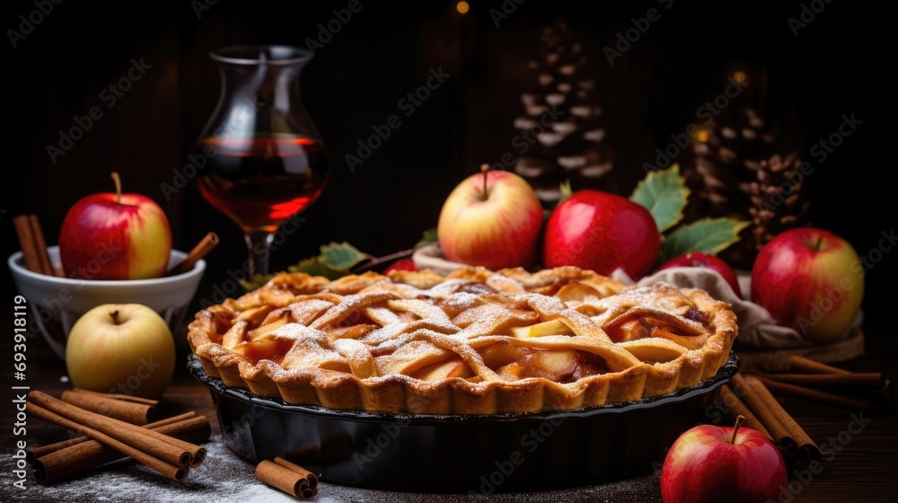 Apple Pie background. National Pie Day, Thanksgiving traditional dessert, autumn bakery concept. .For postcard, banner, wallpaper, backdrop, web, card, poster, cover, print. Copy space.