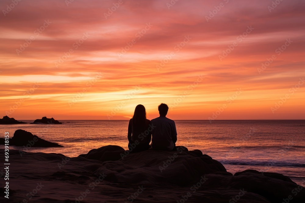 A couple watching the sunset on a beach, silhouetted against a vibrant sky.