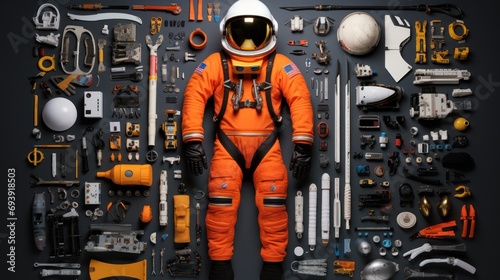 Astronaut's Equipment knolling flat lay arrangement