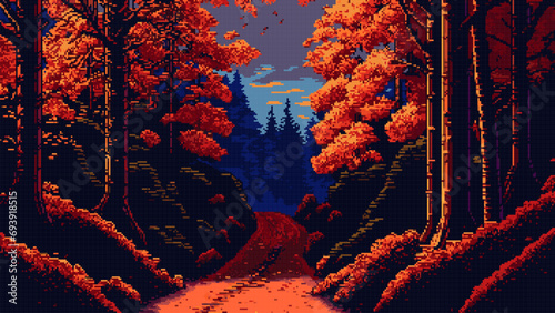 AI generated autumn forest landscape in 8bit pixel