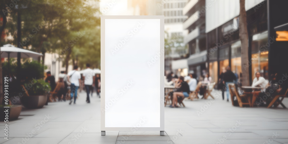 Vertically menu of street cafe located on sidewalk at city with blurred people seated at table on background - obrazy, fototapety, plakaty 