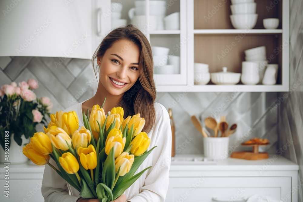 A smiling woman with a bouquet of tulips, a portrait of a young woman with spring flowers. - obrazy, fototapety, plakaty 
