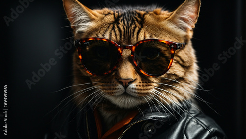 Cool cat in sunglasses on a black background. generative AI