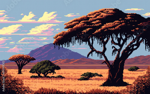 Prairie landscape. Ai 8bit pixel game scene
