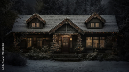 House in mountains in snowy winter landscape, decorated with Christmas lights