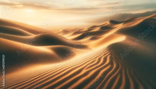 Desert dunes bathed in golden sunset light, evoking tranquility and wonder. Serenity concept. Generative AI © Who is Danny