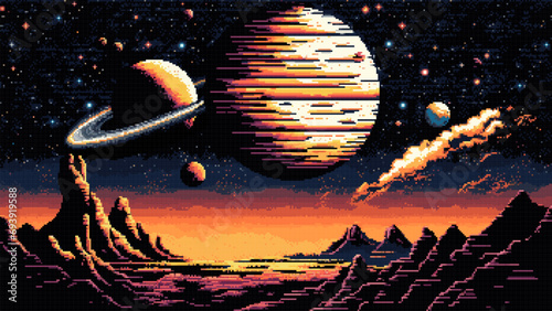 8 bit pixel space planets landscape, AI generated