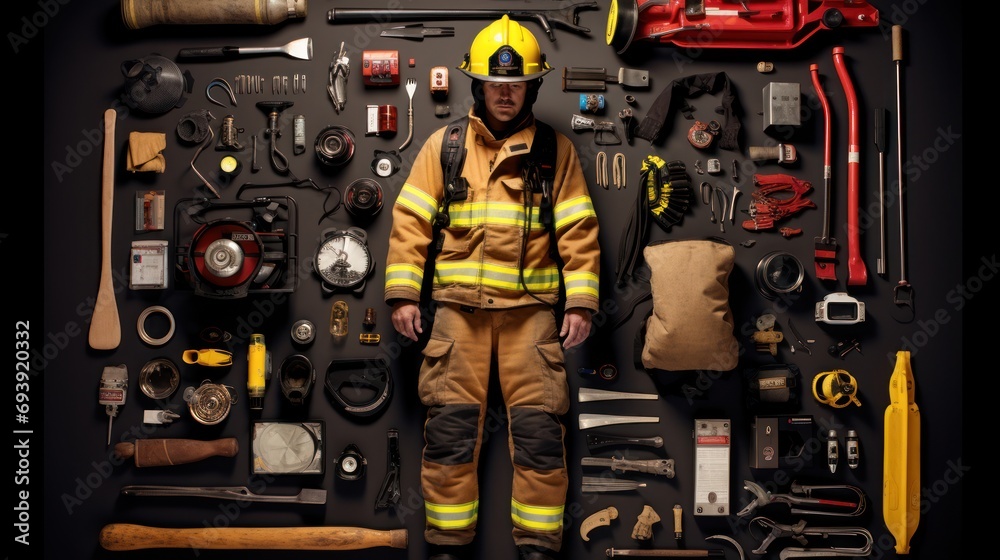 Firefighter Equipment of knolling flat lay arrangement. Firefighter Equipment of knolling flat lay arrangement.