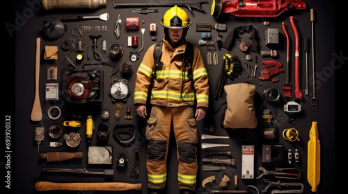 Firefighter Equipment of knolling flat lay arrangement.