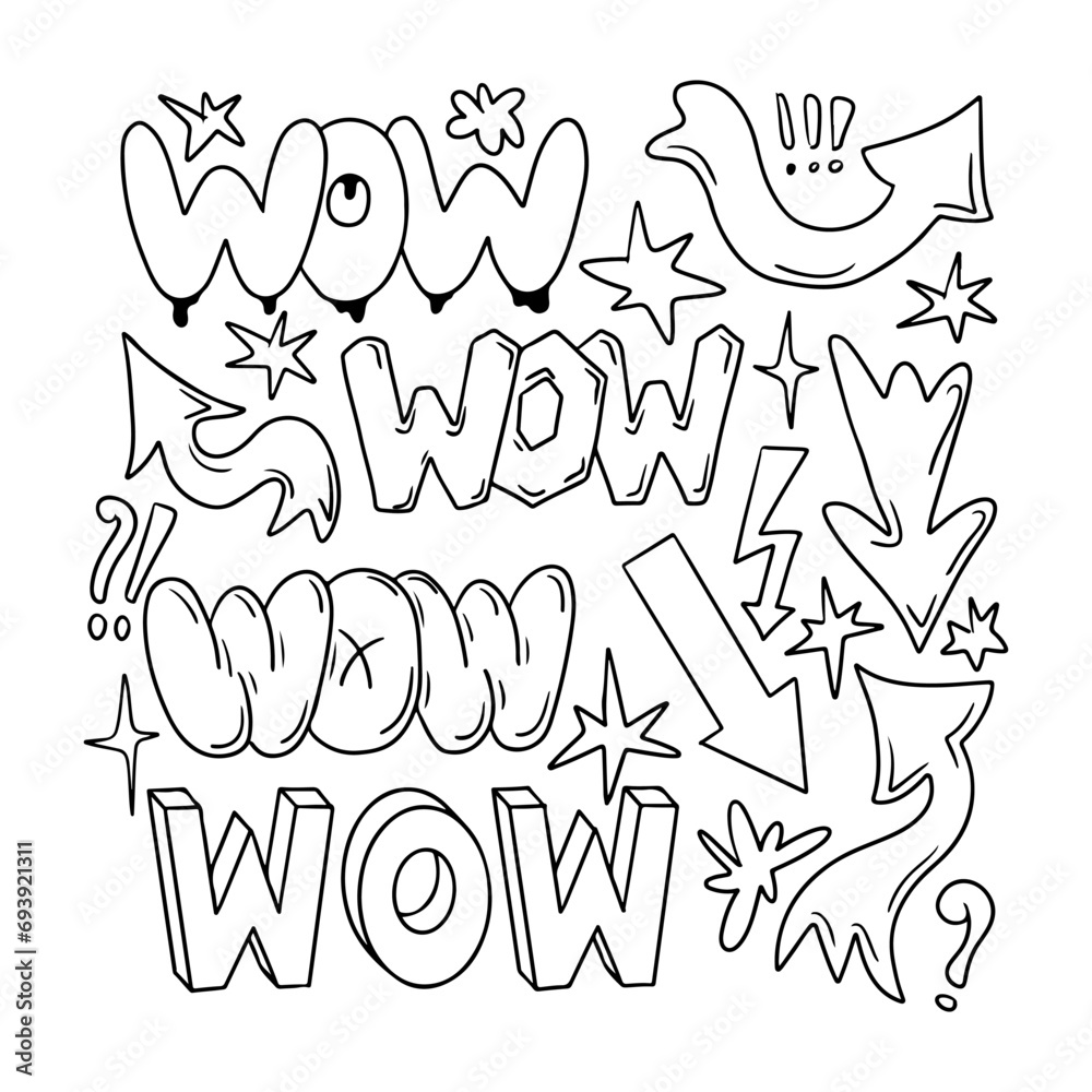 Outline sketch set with word WOW and arrows in retro 90s style. Clipart of hand drawn words, arrows. Black contour doodle signs and words in bubble, street style graffiti. Perfect for social media