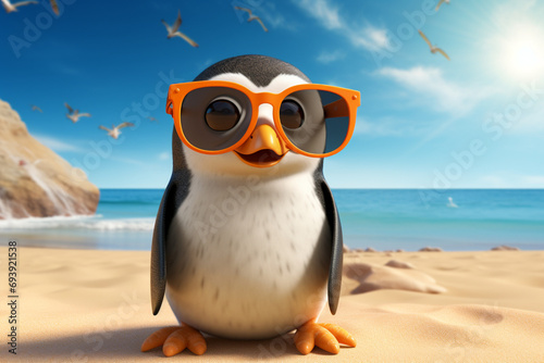 Penguin wearing sunglasses on the beach with seagulls flying in the background. Generative AI