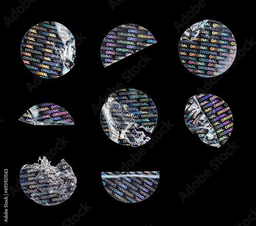 Round holographic sticker collection. Original hologram label seal. wrinkled, damaged iridescent stickers