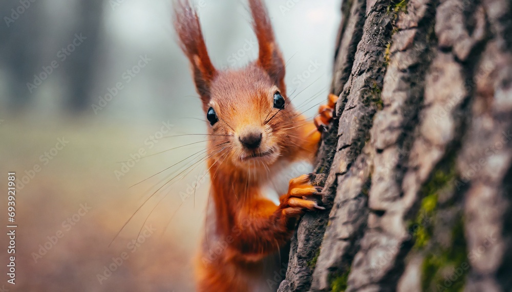 Curious squirrel peeking behind the tree trunk
Curious squirrel peeking behind the tree trunk
