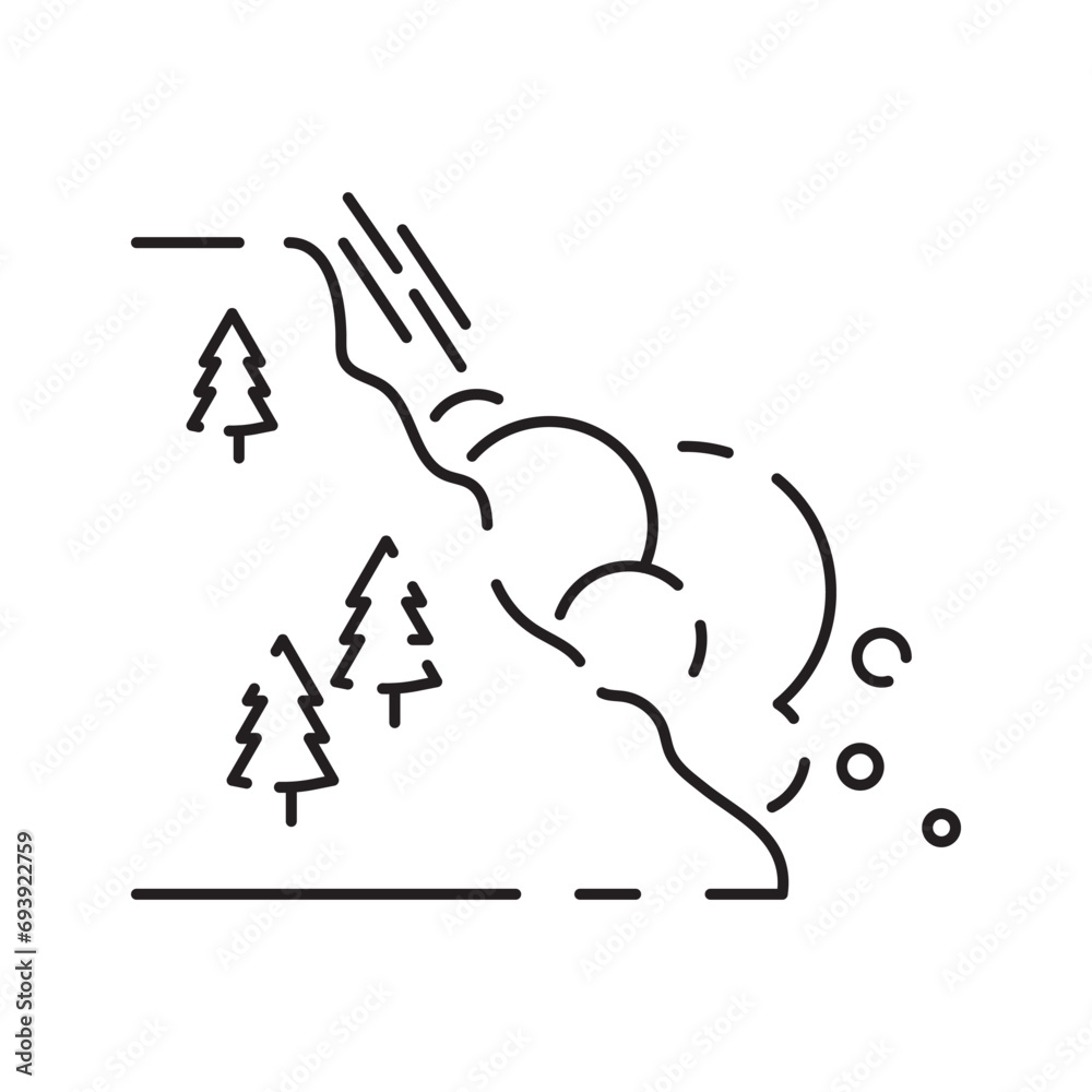 Snow natural avalanche or snow slide disaster icon. Web element, design winter line icon on white background