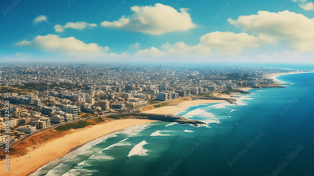 An aerial view of the gaza city of surrounded by the sea and seen from the air