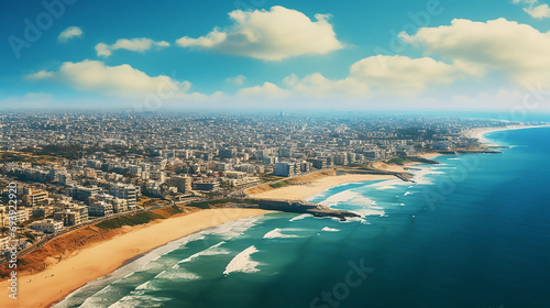 An aerial view of the gaza city of surrounded by the sea and seen from the air photo