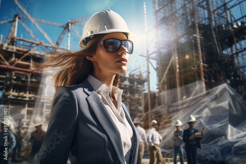 Businesswoman overseeing a construction site, managing a large-scale project photo